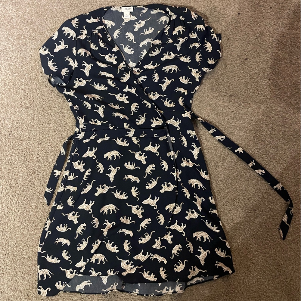 Navy blue printed wrap-tie dress
